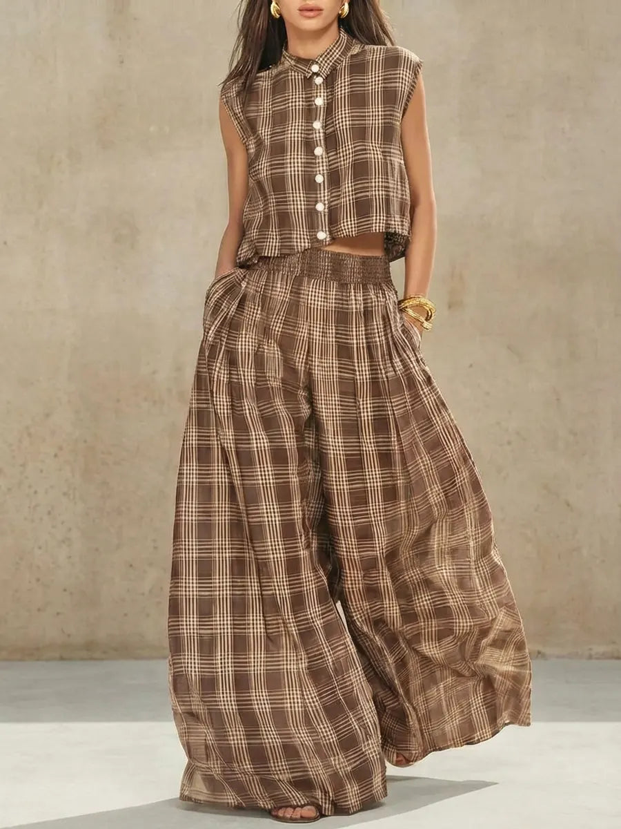 Women's Retro Striped Stylish Button Casual Top And Pants Cotton Linen Two-piece Set