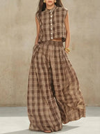 Women's Retro Striped Stylish Button Casual Top And Pants Cotton Linen Two-piece Set