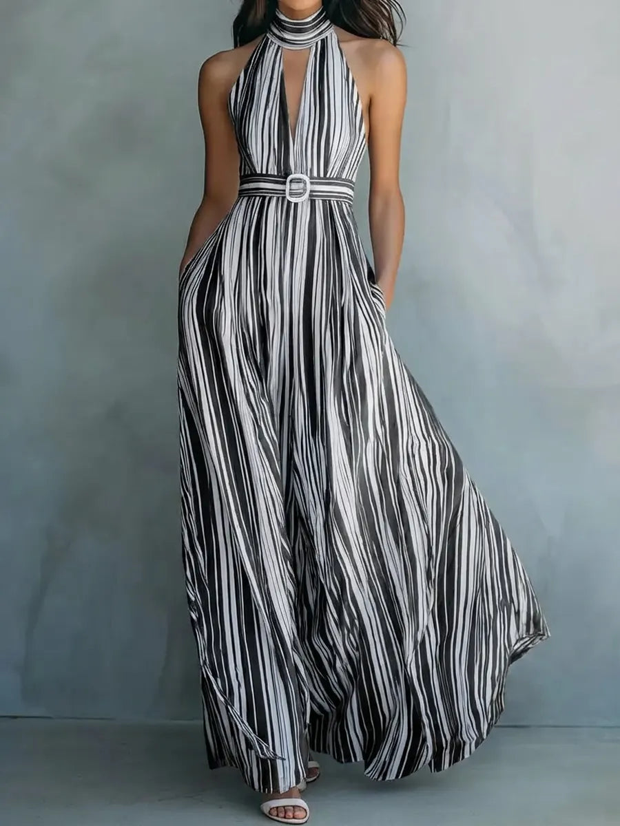 Women's Retro Striped Art No Sleeve Casual Vacation Maxi Dress