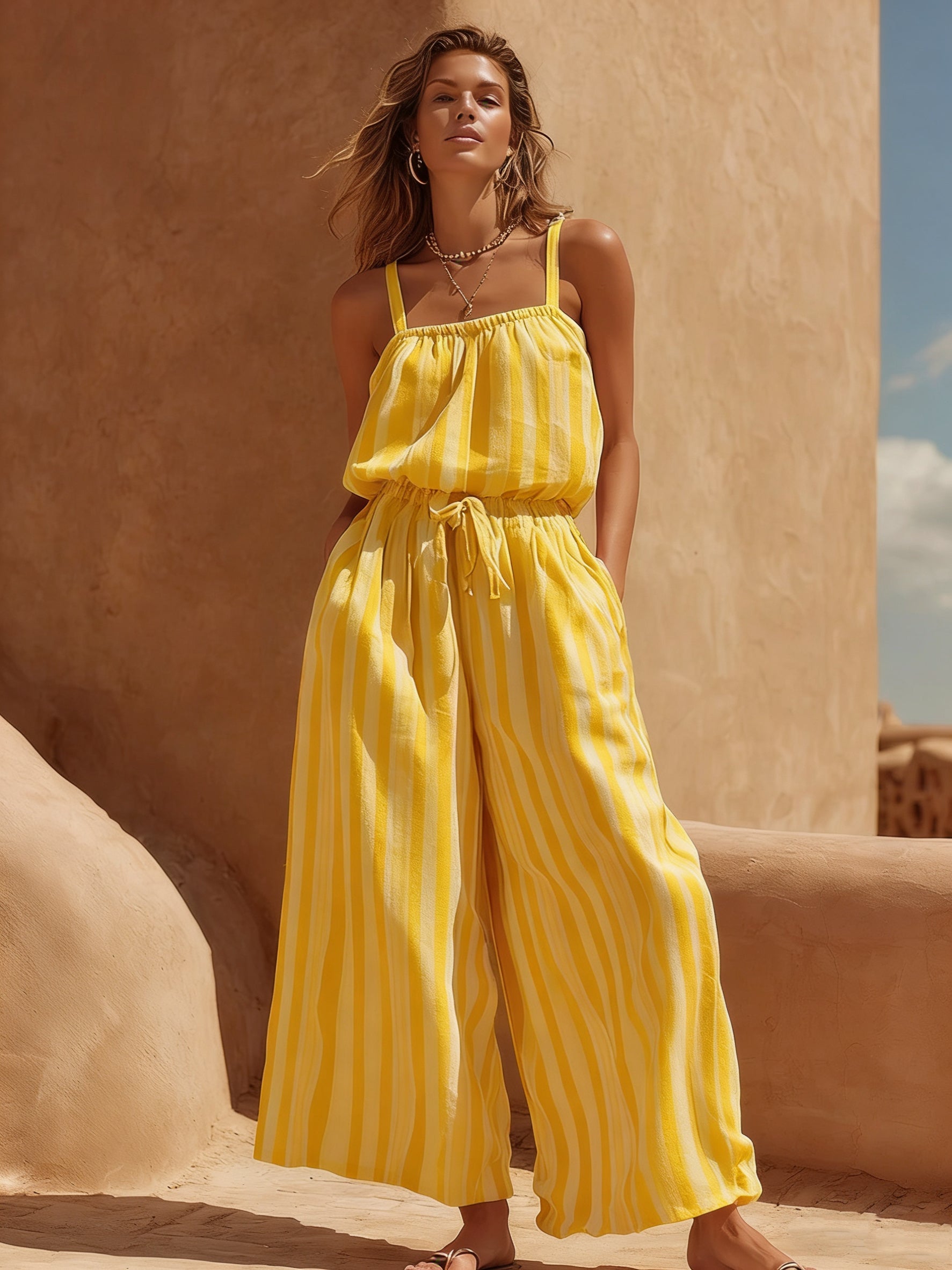 Vacation-style Striped Strappy Jumpsuit