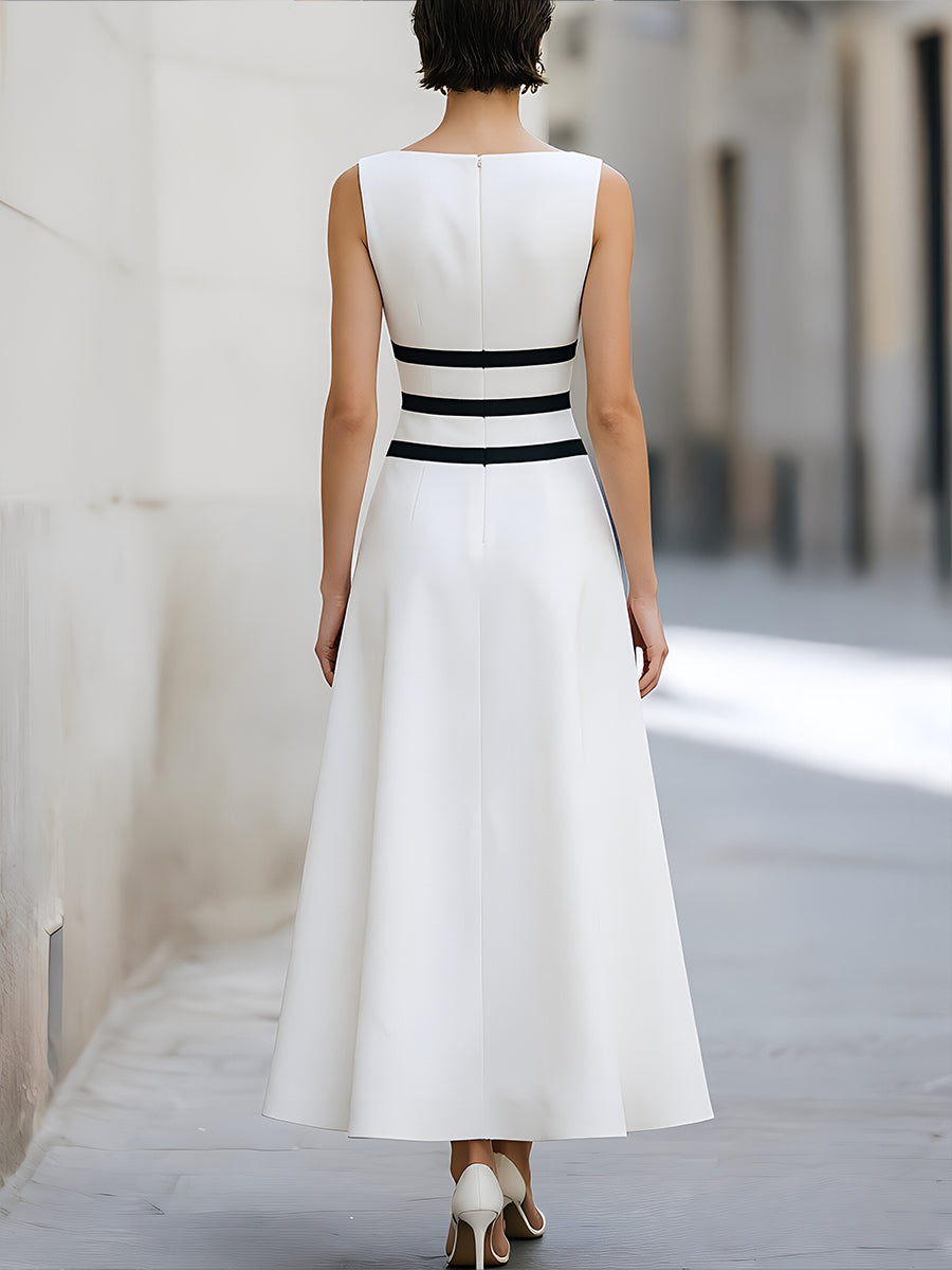 Color-blocked Striped Sleeveless Boat Neck Dress