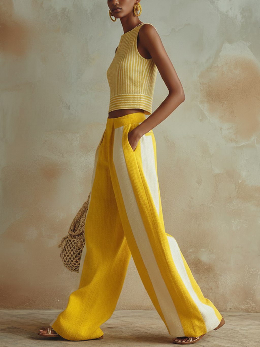 Yellow & White Striped Sleeveless Crop Top & Wide-Leg Pants Two-Piece Set