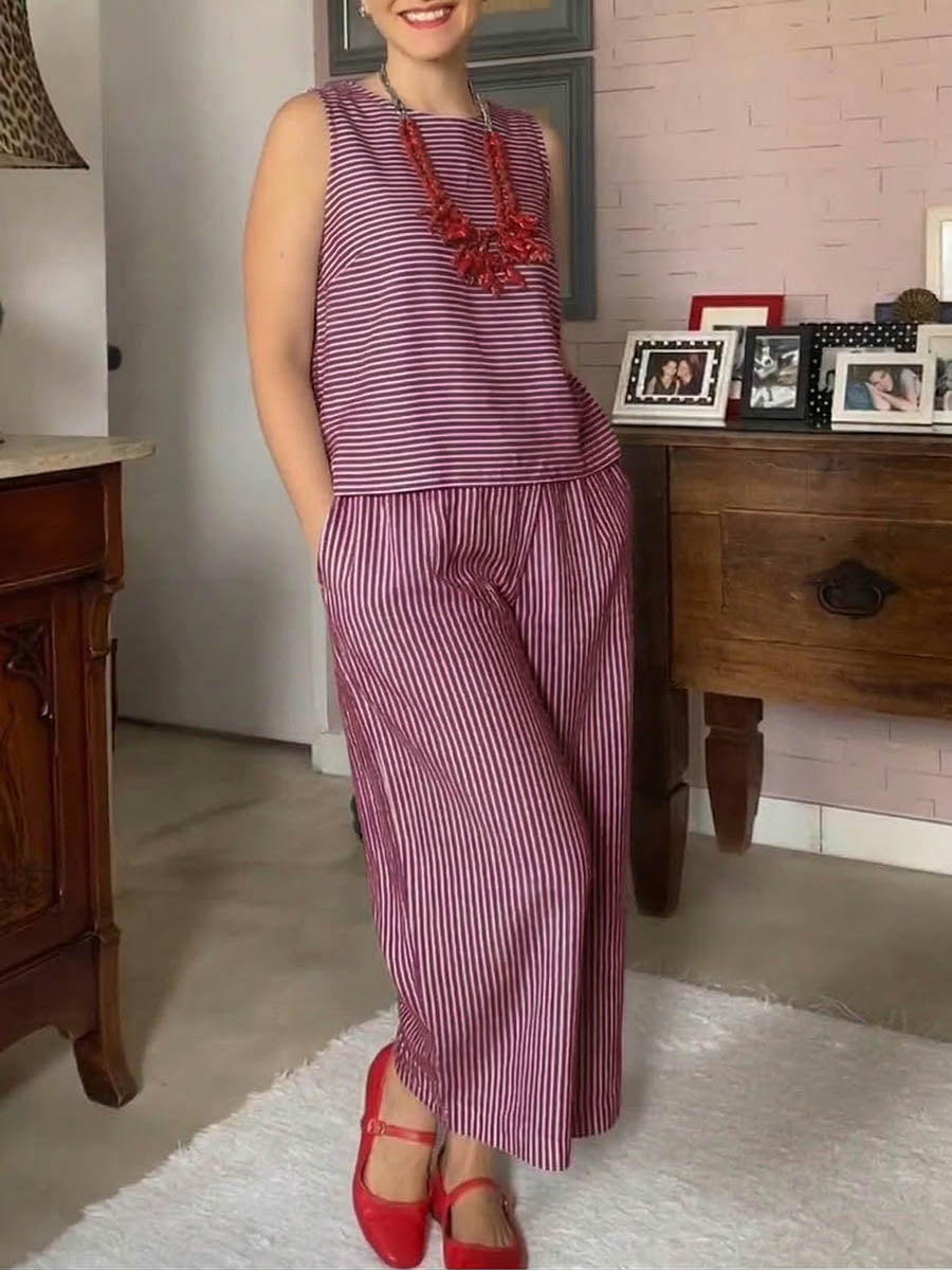 Women's Striped Print Crew Neck Sleeveless Loose-fit Cotton Top & High-waisted Wide-leg Cotton-linen Pants Set