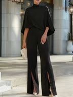 Cape-Sleeve High-Neck Blouse & Slit Wide-Leg Trousers Set