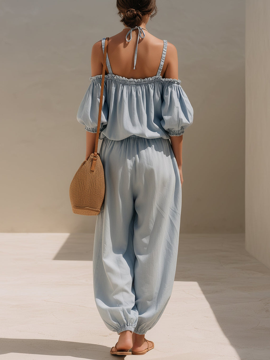 Off-Shoulder Ruffled Puff Sleeve Denim Jumpsuit