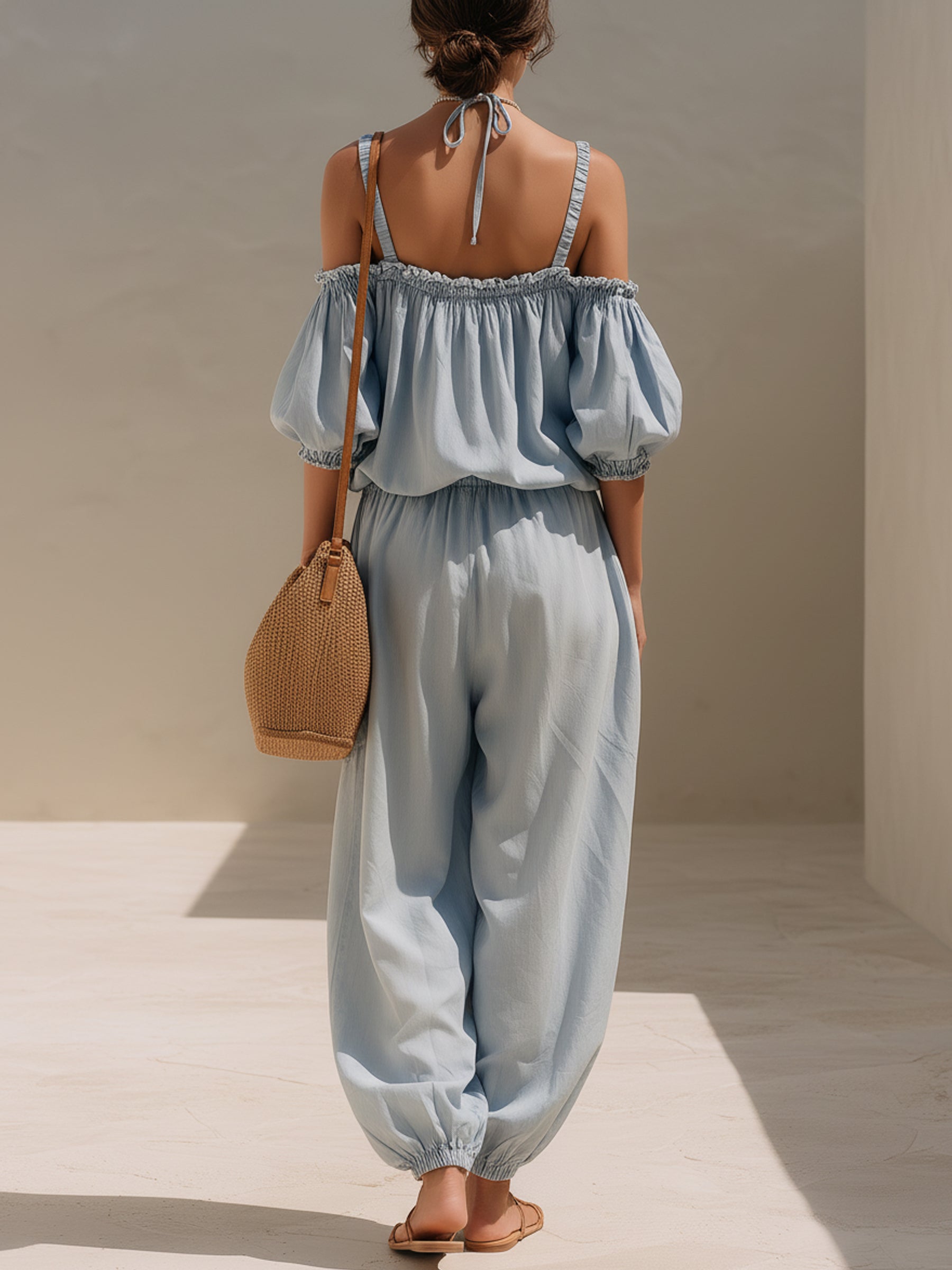 Off-Shoulder Ruffled Puff Sleeve Denim Jumpsuit