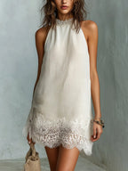 Chic Off-white Lace-trimmed Halter Neck Mini Dress