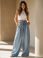 Light Wash Wide-Leg Denim Pants – Drawstring Waist & Patch Pocket Detail