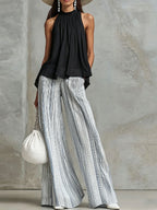 Women's Halter-neck Mesh Sleeveless Top & Striped Trousers Set