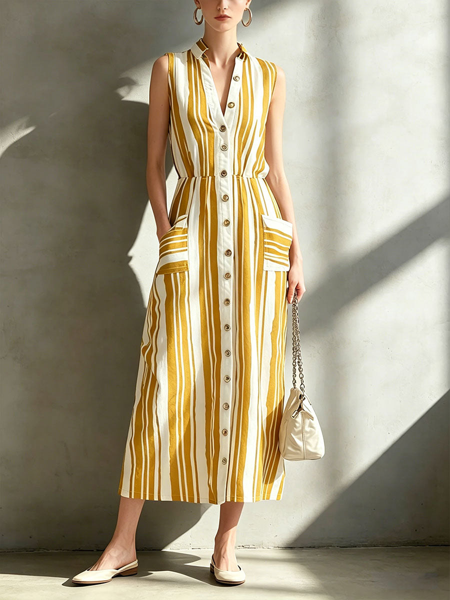 Women's Striped Print V-neck Sleeveless Casual Loose Cotton-linen Dress