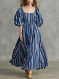 Casual Square-neck, Lantern-sleeve Linen And Cotton Dress With Artistic Stripes