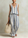 Women's Retro Striped Stylish Casual V Collar Top And Pants Cotton Linen Suits
