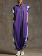 Women's Relaxed Stand-collar Short-sleeved Casual Loose Cotton Wide-leg Jumpsuit