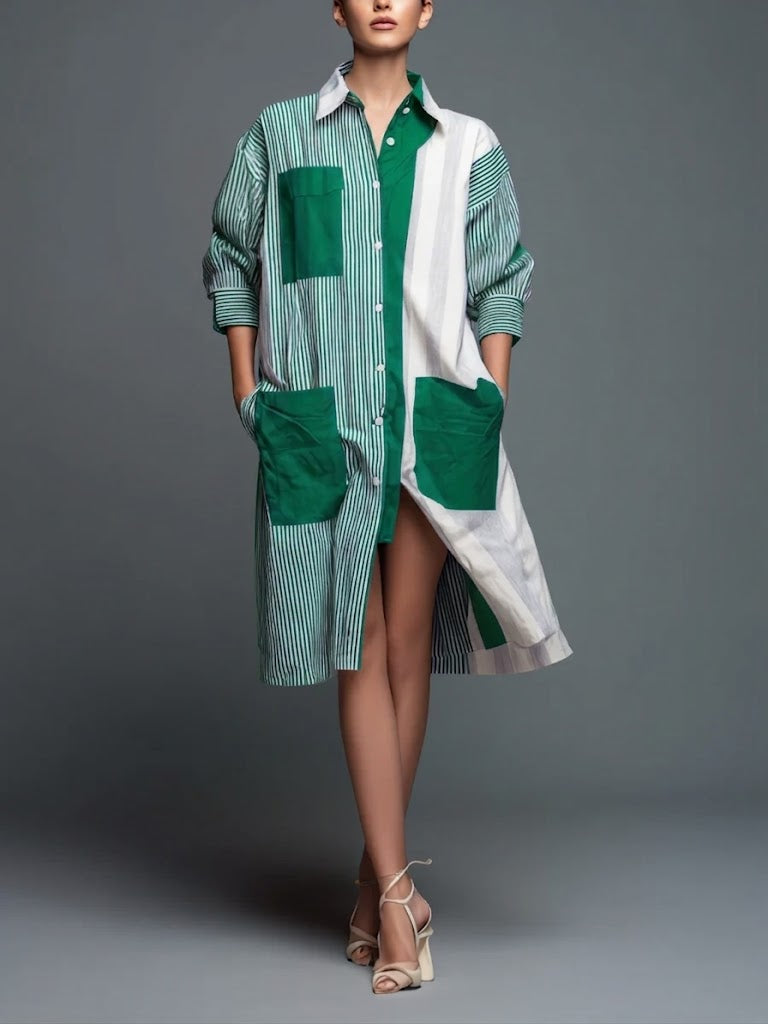 Casual Loose-fit Striped Shirt Dress