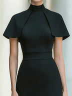 High-Neck Cape Sleeve Sculpted Midi Dress