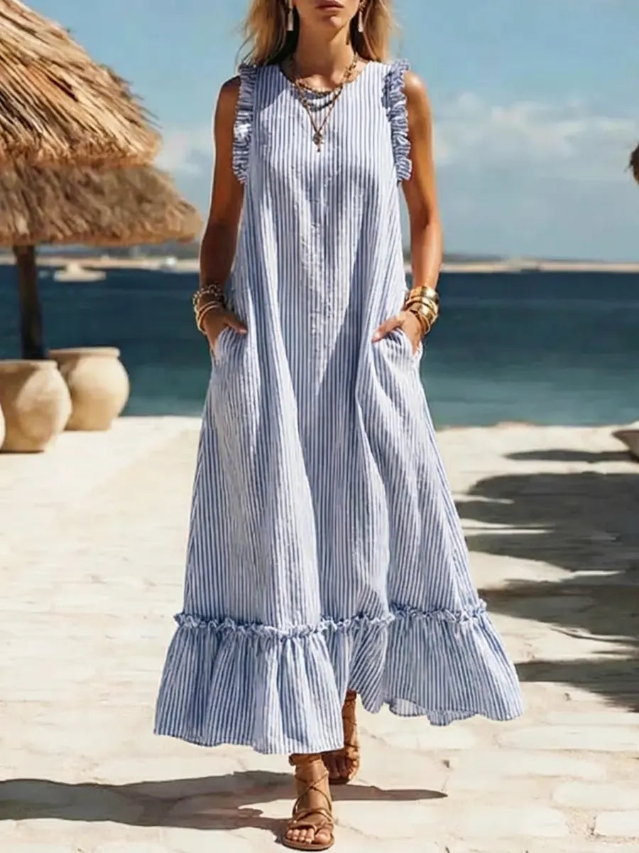 Women's Retro Striped Art Casual Ruffled Stylish Cotton Vacation Dress