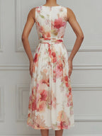 Soft Pleated Floral A-Line Midi Dress