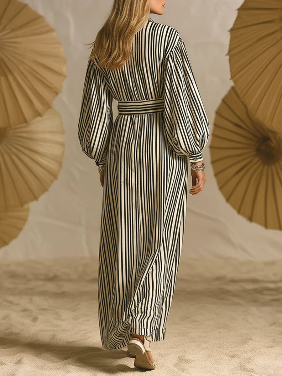 Women's Retro Striped Zip Art Casual Stylish Cotton Long Dress