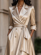 Satin Double-Breasted Tie-Waist Midi Dress