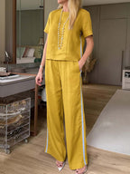 Women's Round Neck Short Sleeve Casual Loose Top High Waist Casual Loose Wide Leg Pants Cotton Linen Set