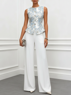 Women White Jacquard Floral Buckle Crew Neck Sleeveless Dressy Top With Pants Two-Piece Set