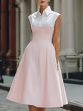 Structured Shirt-Collar Contrast Panel A-Line Midi Dress