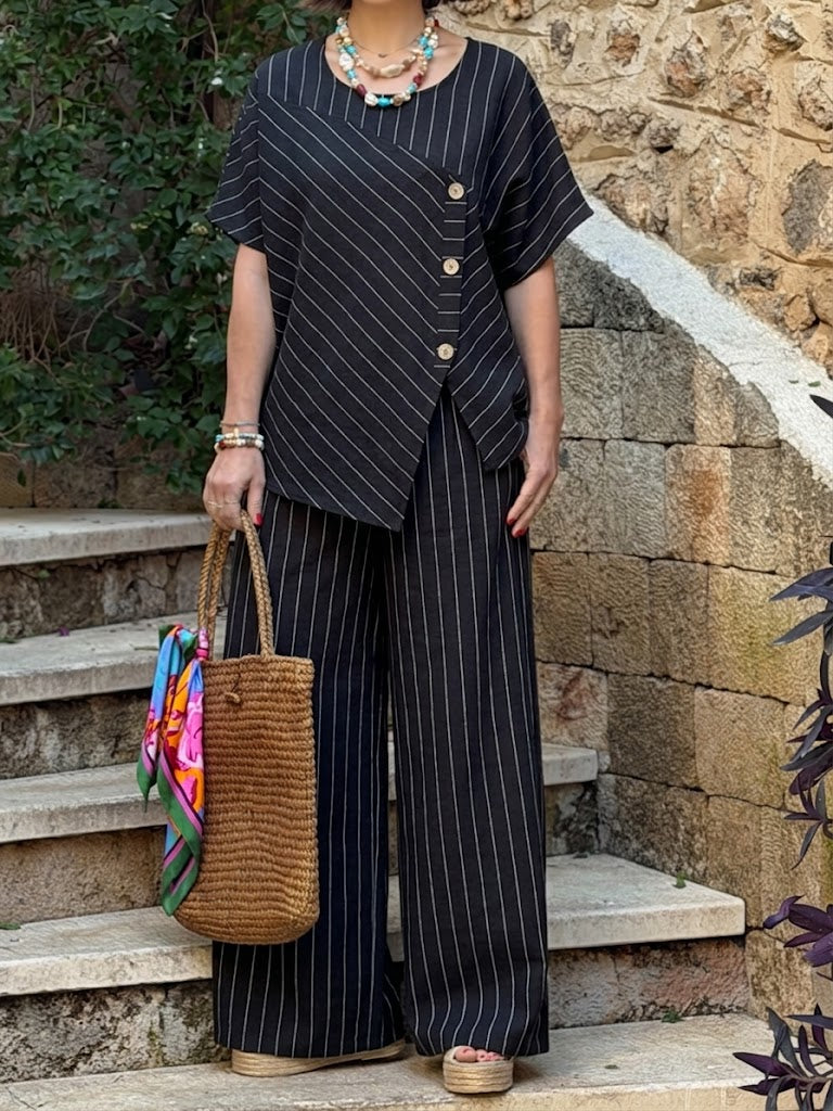 Casual Striped Linen And Cotton Two-piece Top And Pants Set