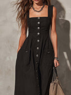 Retro Square-Neck Button-Front Cotton-Linen Midi Dress