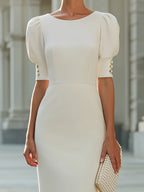 Structured Puff Sleeve Button Accent Pencil Midi Dress