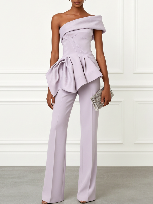 Women Light Purple Peplum One Shoulder Sleeveless Elegant Top With Pants Two-Piece Set