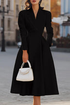 Elegant V-neck Long-sleeved Fitted Waist Midi Dress