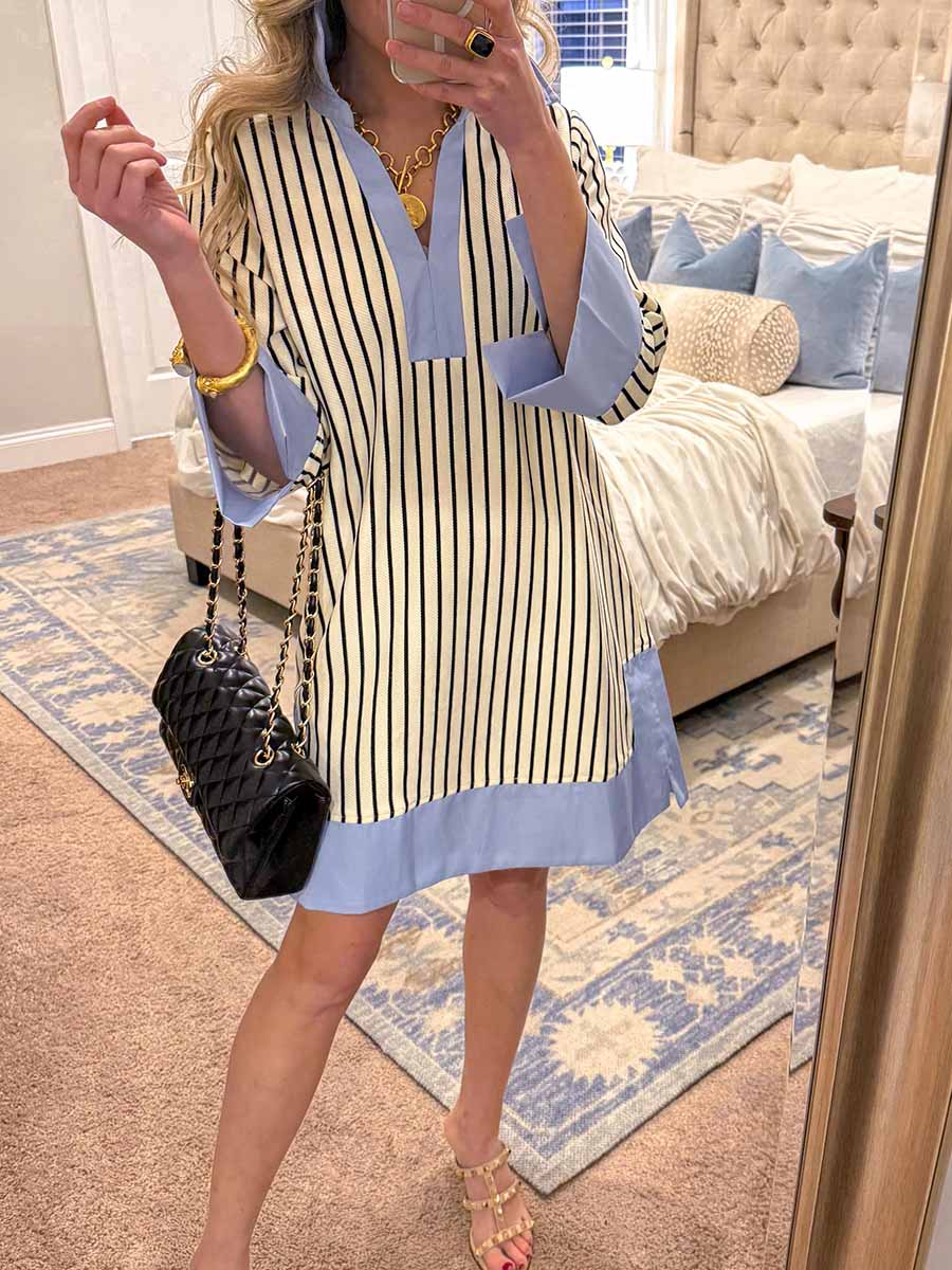 Women's Striped Print V-neck 3/4-sleeve Casual Loose Cotton-linen Dress