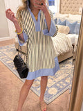 Women's Striped Print V-neck 3/4-sleeve Casual Loose Cotton-linen Dress