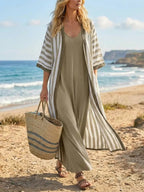 Women's Striped Art Casual Cardigan And Solid Color Dress Cotton Linen Suits