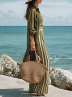 Women's Lapel Long Stylish Casual Top Comfortable Vest And Striped Pants Three-piece Set