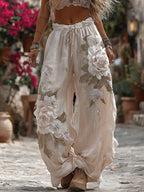 Women's Vintage Romantic White Rose Embroidery Art Comfy Linen Pants