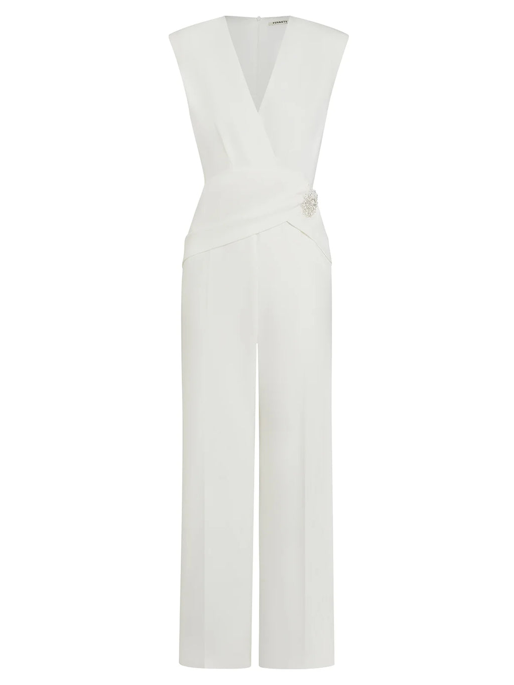 Women White Rhinestone V Neck Cap Sleeve Dressy Jumpsuit