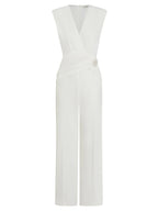 Women White Rhinestone V Neck Cap Sleeve Dressy Jumpsuit