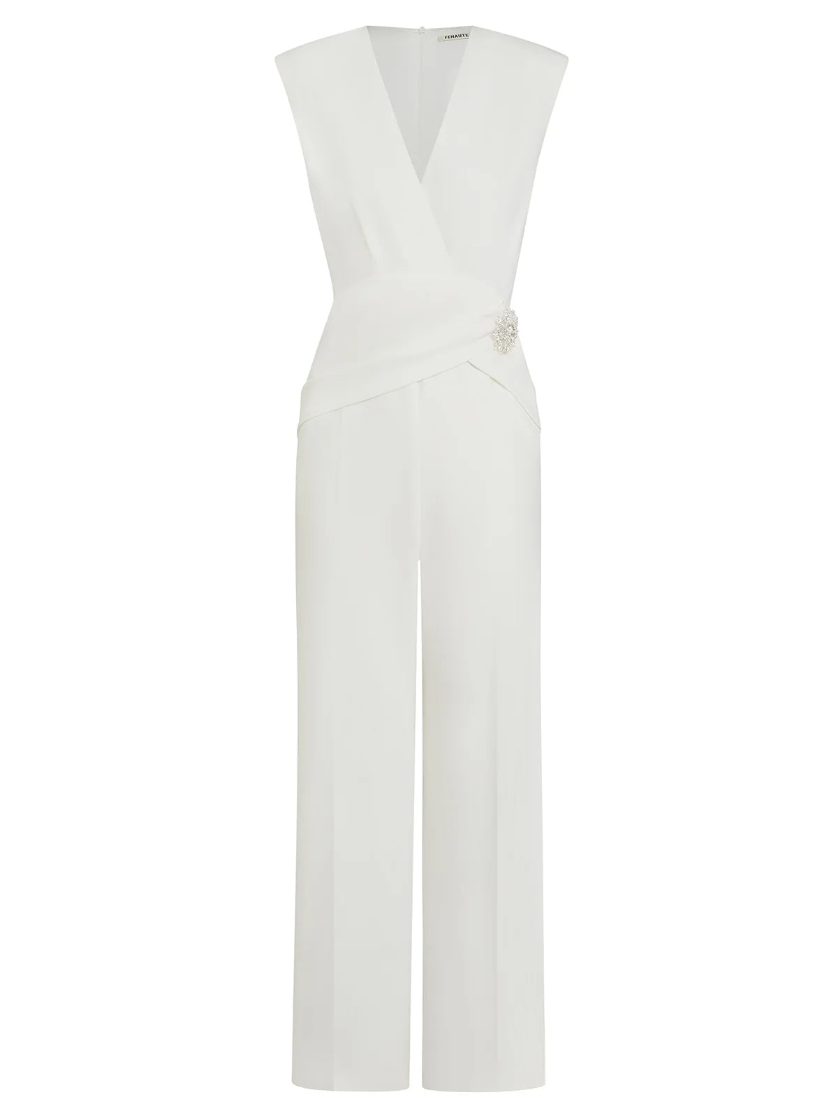 Women White Rhinestone V Neck Cap Sleeve Dressy Jumpsuit