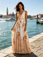 Orange Floral Chiffon V Neck Sleeveless A-Line Floor-length Gown Dress