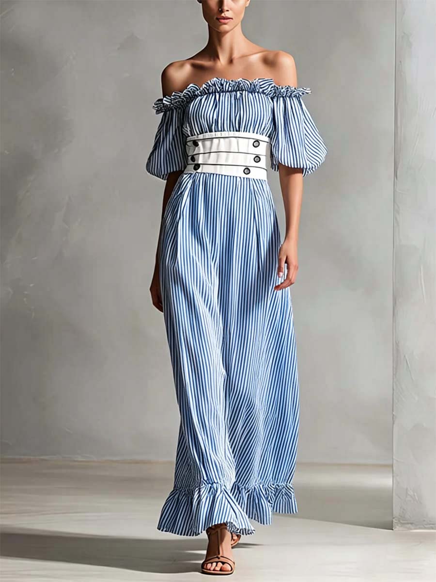 Women's Striped Art Print Casual Stylish Ruffled Vacation Maxi Dress