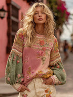 Women's Vintage Bohemian Floral Embroidery Knitted Crew Neck Sweater
