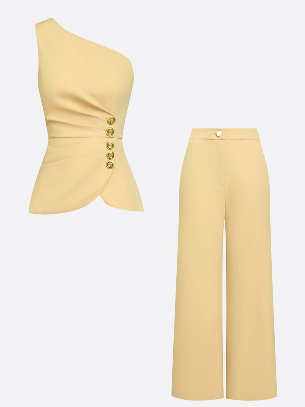 Women Yellow Buckle Ruched One Shoulder Sleeveless Dressy Top With Pants Two-Piece Set