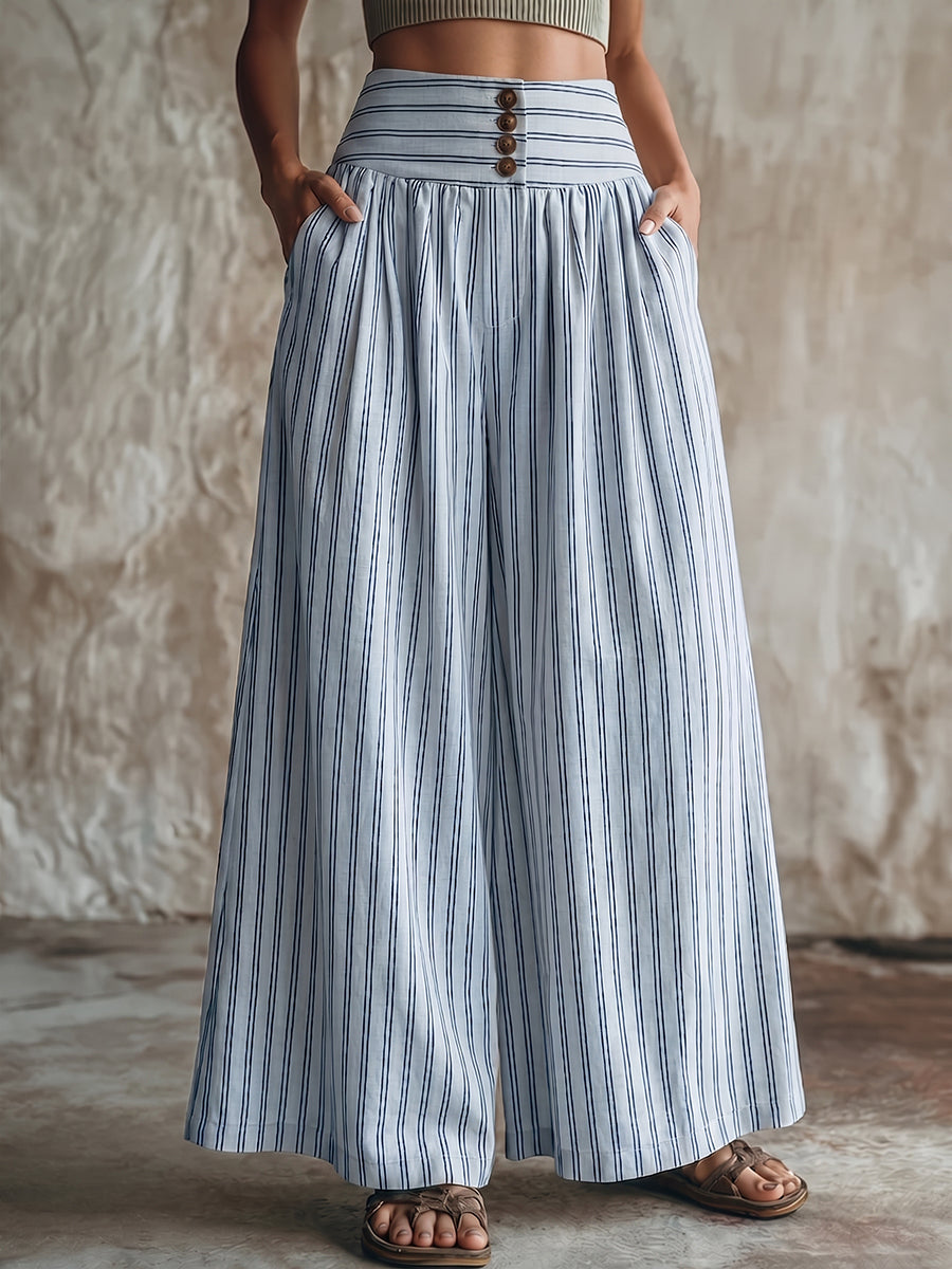 Casual & Cozy Striped High-waisted Cotton-linen Wide-leg Pants