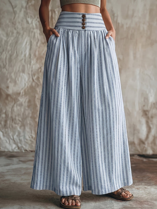 Casual & Cozy Striped High-waisted Cotton-linen Wide-leg Pants
