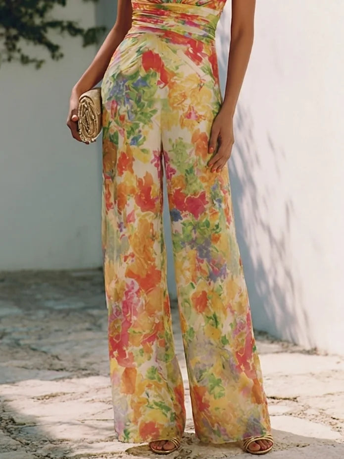 Women Yellow Floral V Neck Sleeveless Romantic Jumpsuit