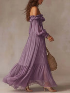Romantic Vacation Off-Shoulder Pleated Maxi Dress