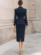 Navy Pinstripe Tailored Blazer And Pencil Skirt Suit Set