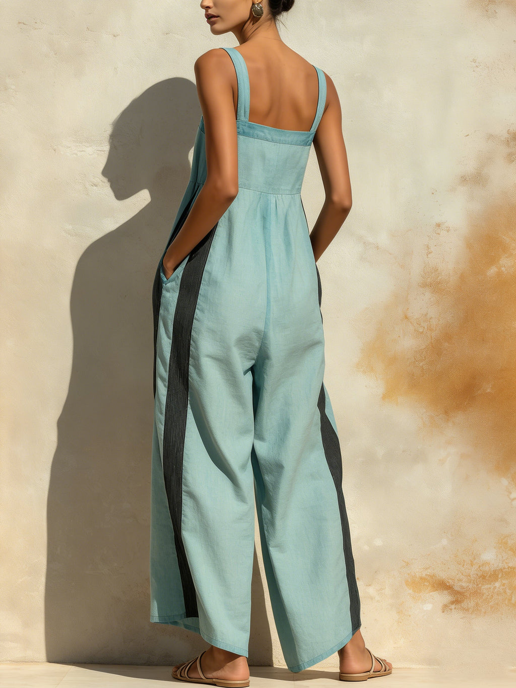 Tencel Denim Contrast Stripe Wide-Leg Jumpsuit
