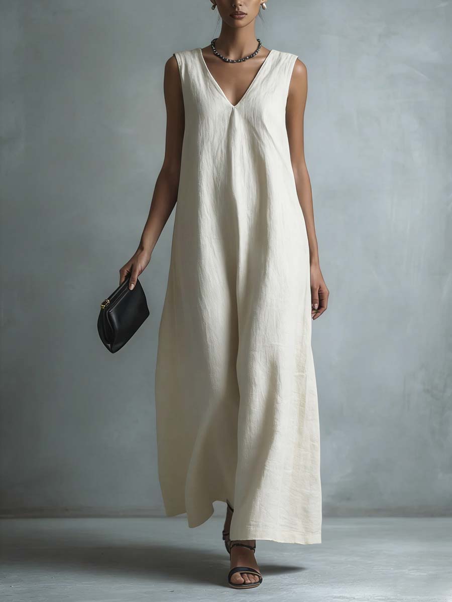 Women's Casual V-neck Sleeveless Cotton Linen Dress